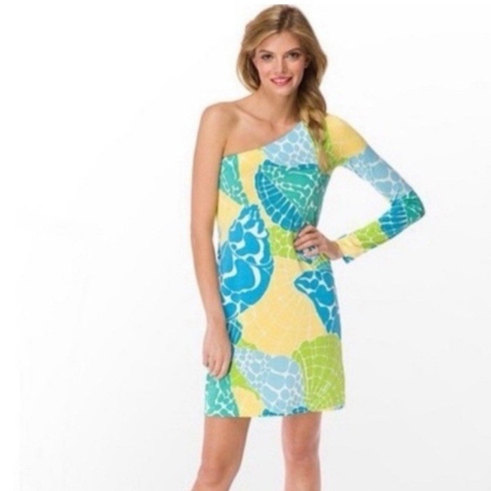 Lilly Pulitzer Whitaker One Shoulder Dress- Lagoon Green/Summer Nights Sz M NWT